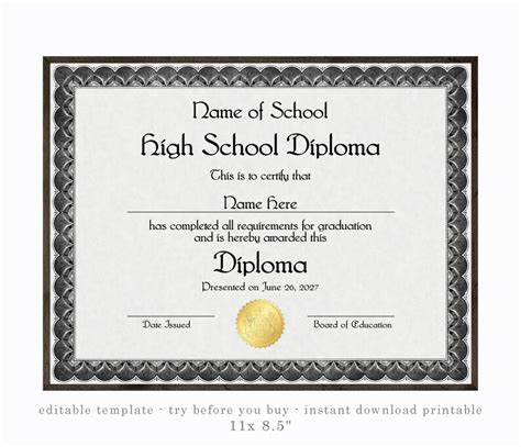 Printable High School Diploma Custom Diploma Instant Etsy