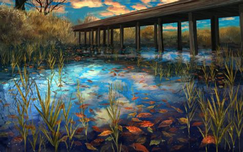Wallpaper Anime Landscape River Bridge Autumn Scenic
