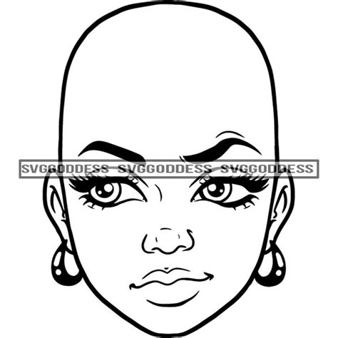 afro woman face only portrait beautiful big eyes lashes bald sexy black girl b w svg png