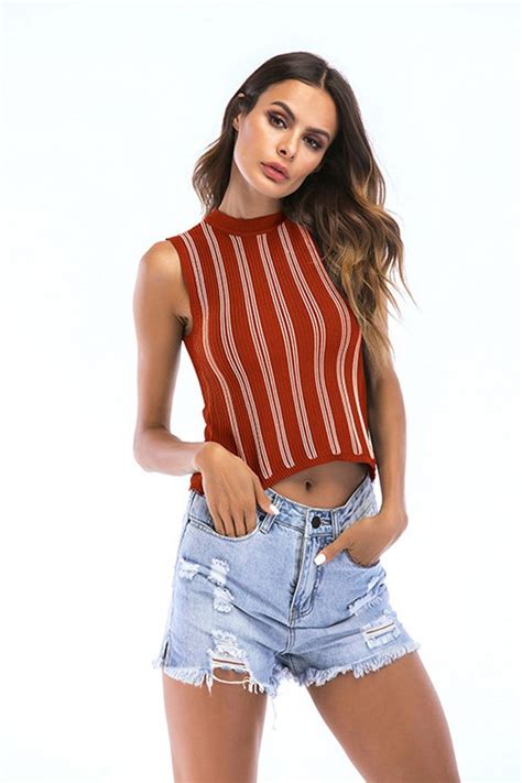 Women Striped Tank Top With Round Neck And Short Design
