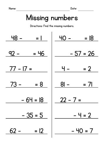 Subtracting 2 Digit Numbers Missing Numbers Teaching Resources