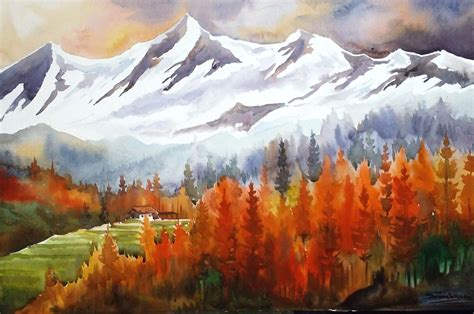 Autumn Forest And Snow Peaks Watercolor Painting 2016