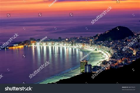 Night View Of Copacabana Beach Rio De Janeiro Brazil