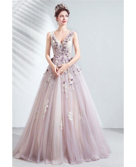 Fairy Light Purple Tulle Vneck Prom Dress With Beaded