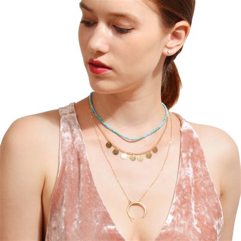 Vintage Beads Chain Necklace Alloy Moon Pendant Copper Sequin Necklace