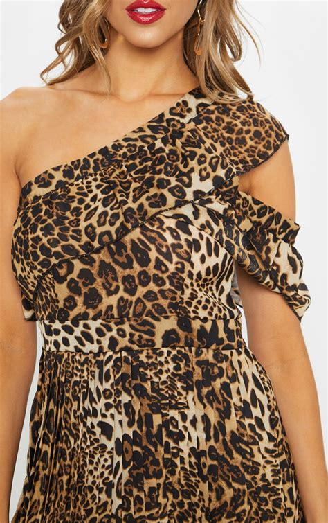 Tan Leopard Print One Shoulder Ruffle Detail Pleated Midi Dress