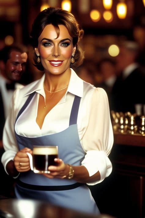 Lexica Elizabeth Hurley Serving Coffee In A Pub Smiling And Wearing