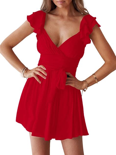 Lyaner Womens Wrap Deep V Neck Ruffle Cap Sleeve Tie Waist Sexy Swing Skater Mini Dress Shopstyle