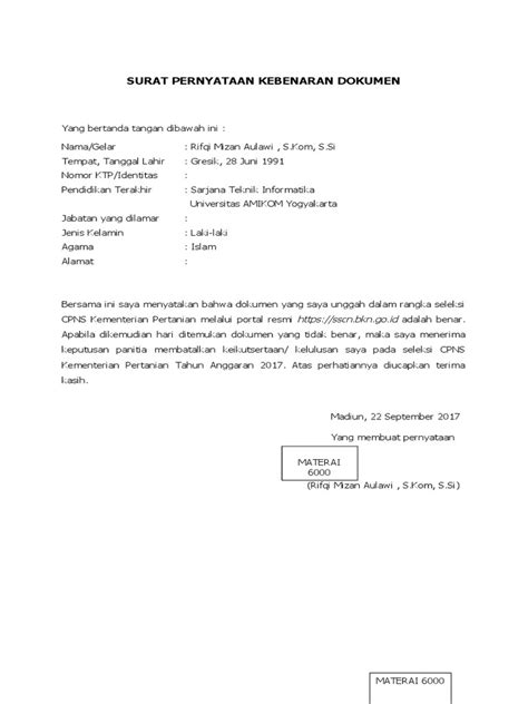 Apakah surat pernyataan hanya ini ? Surat Pernyataan Kebenaran Dokumen Cpns Kemenko Polhukam ...