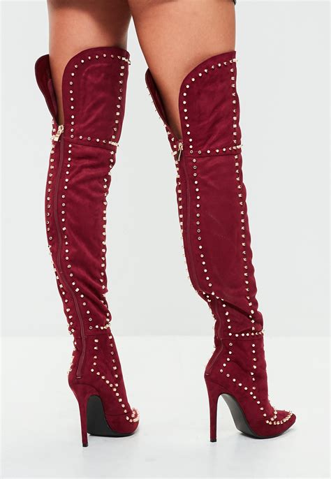 Lyst Missguided Burgundy Multi Studded Thigh High Boots In Red