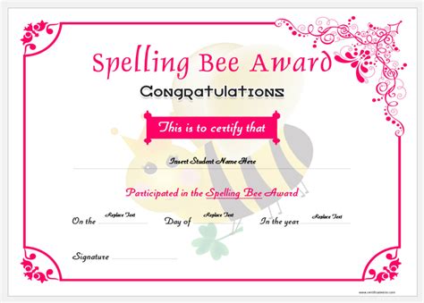 Spelling Bee Award Certificates Professional Certificate Templates