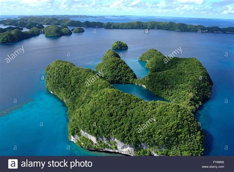 Aerial View Of An Uninhabited Rock Island In Palau Micronesia Stock