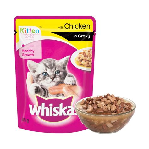 Whiskas kitten tuna in jelly pouch is sealed in freshness that retains the flavours and is prepared in natural juices that contains mouthwatering morsels of gently cooked, succulent chunks of tuna. Buy Whiskas Kitten Chicken in Gravy Wet Cat Food Pouch ...
