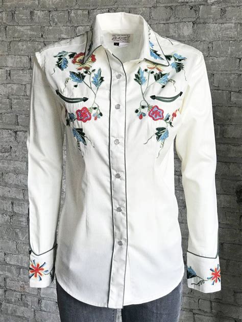 Womens White Floral Embroidery Western Shirt Embroidered Denim Shirt