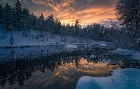 Wallpaper Winter Forest Snow Trees Sunset River Norway Norway