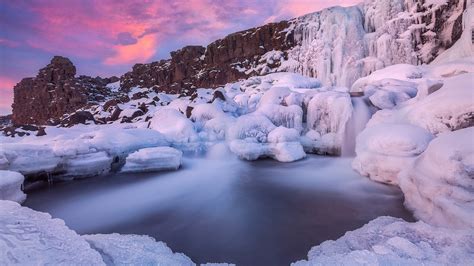 Waterfall River Iceland With Rock National Park During Sunset Hd Winter