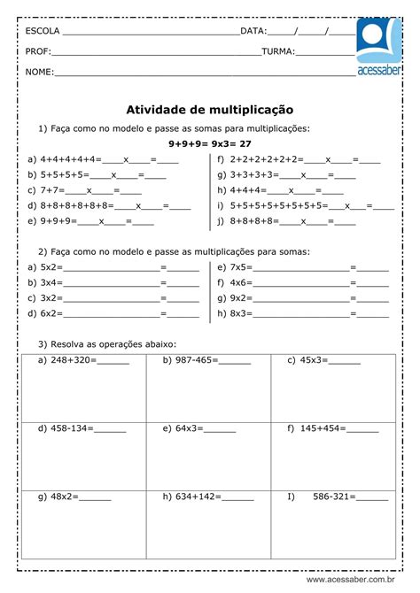 Atividade De Matematica Multiplicação 3 Ano Edukita