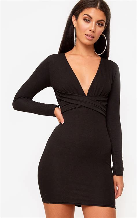 Black Plunge Strappy Front Bodycon Dress Prettylittlething