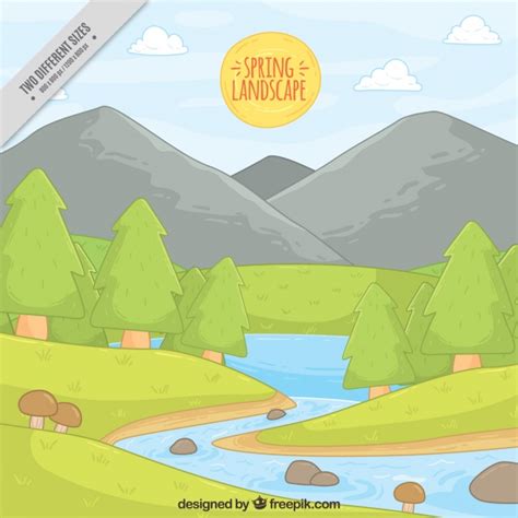 Landscape Background With Mountains And Hand Drawn River Free Vector