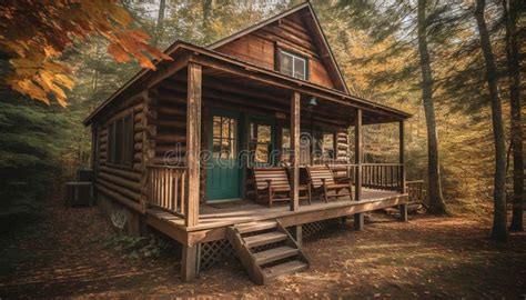 Rustic Log Cabin In Tranquil Autumn Forest Generated By Ai Stock