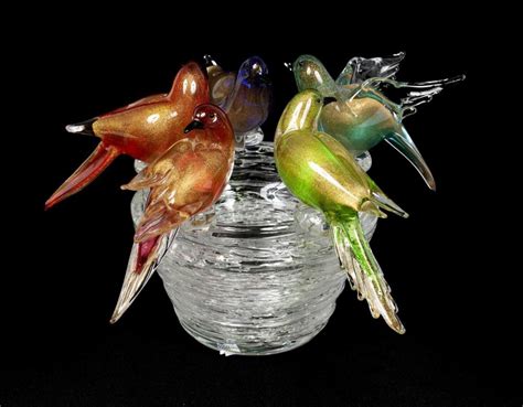 Murano Art Glass Sculpture Of Birds On Nest