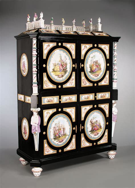 German Renaissance Revival Cabinet Mounted With Ornate Meissen