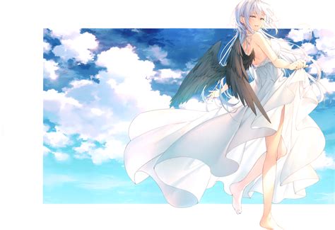 Angel Barefoot Clouds Cross Dress Long Hair Original Scan Sky Summer Dress Toosaka Asagi White