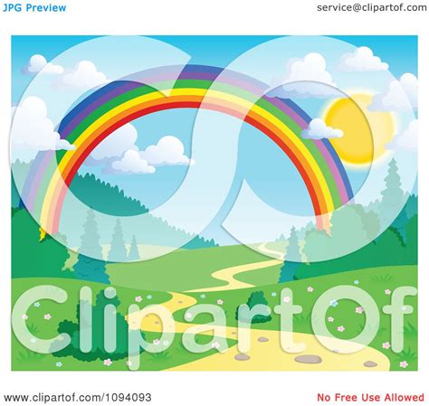 Clipart Full Sun With Puffy Clouds Over A Spring Landscape