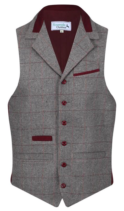 Mens Wool Denford Quality Tweed Check Waistcoat With Collar Pewter Grey New
