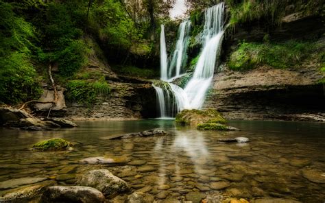 Download Wallpapers Beautiful Waterfall Clear Lake Summer Forest