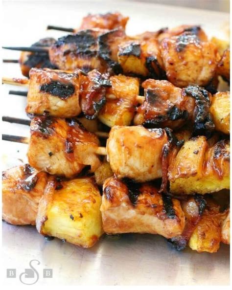 You can marinate overnight and make these kabobs for an outdoor barbecue as a tasty alternative to the usual barbecue fare! BBQ Chicken Bacon Pineapple Kabobs @FoodBlogs #Kabobs #BBQ ...