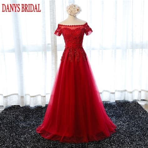 Red Long Lace Evening Dresses Party Beautiful Beaded Pearls Women Prom Formal Evening Gowns