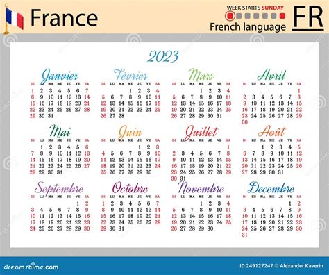 French Horizontal Pocket Calendar For 2023 Week Starts Sunday Stock