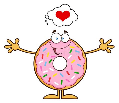 Funny Donut Cartoon Character With Sprinkles Thinking Of Love And Wanting A Hug Stock