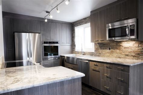 Liz morrow 's small kitchen is given space and depth with white up top for the backsplash and cabinets and deep charcoal, almost black, down below. Awesome Grey Brown Wood Stainless Glass Modern Design ...