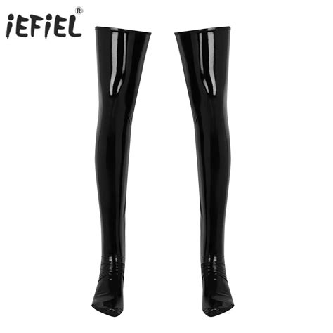 Women Sexy Stockings Clubwear Wetlook Patent Leather Thigh High Stockings Lingerie Sexy Erotic
