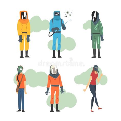 Set Of People Wearing Hazmat Protective Clothing And Gas Masks Cartoon