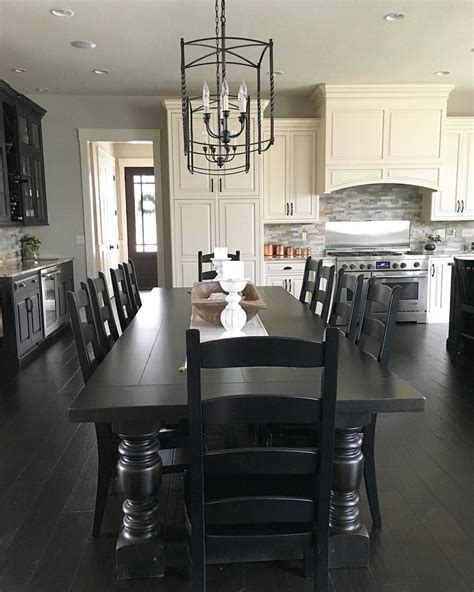 Black And White Modern Farmhouse Kitchen With Long Dining