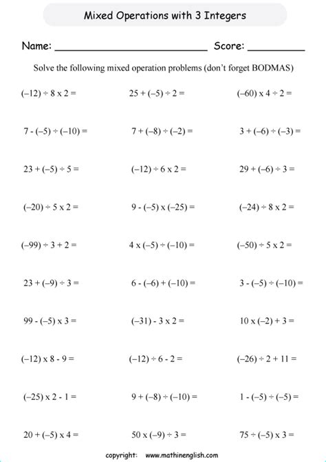 Mixed Operations Math Worksheet With 3 Terms Of Negative The Adding
