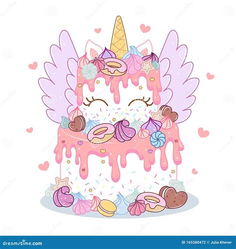 Cute Creative Unicorn Birthday Cake In Gentle Pastel Tones Stock Vector