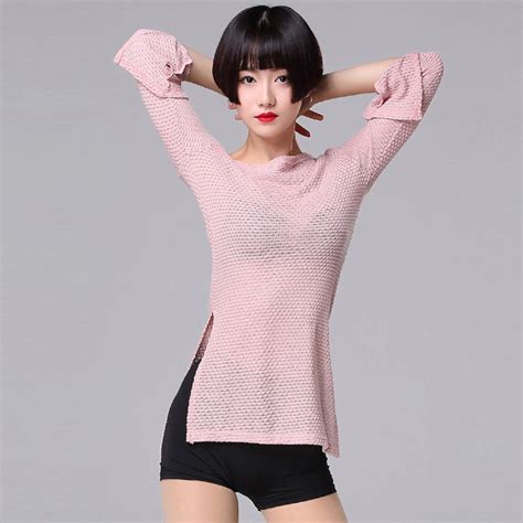 New Sexy Latin Dance Tops For Womens Cha Cha Samba Rumba Long Sleeves Split Knitting Performance