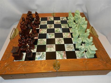 Vintage Soapstone Asian Emperors Court Chess Set With Inlaid Board 75