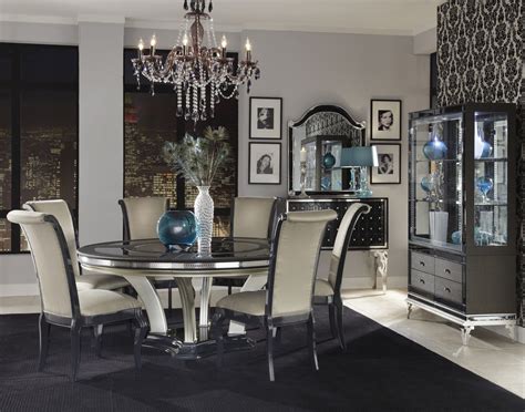 Hollywood swank large dining table by aico, available in multiply finishes, crafted from birch solids., aico dining room furniture. AICO Hollywood Swank Caviar Round Dining Set NU03001-85