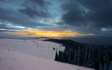 Download Wallpaper 1680x1050 Winter Mountains Forest Snow Sunset