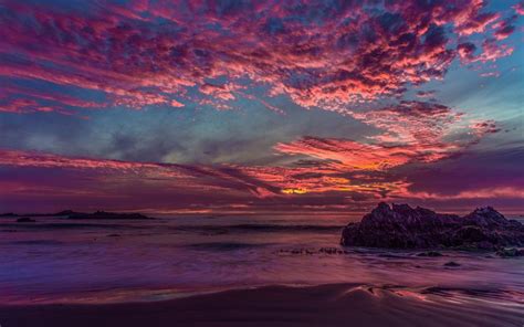 Sunset Rocks Stones Clouds Ocean Beach Hd Wallpaper Nature And