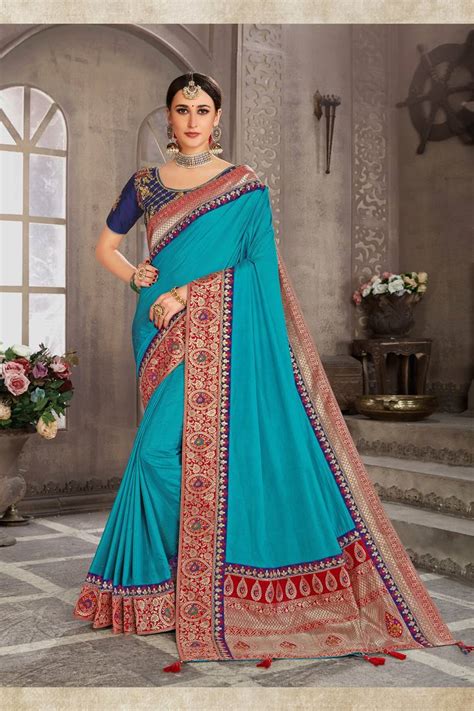 Blue Poly Silk Jacqard Pallu Fancy Designer Saree Indian Women