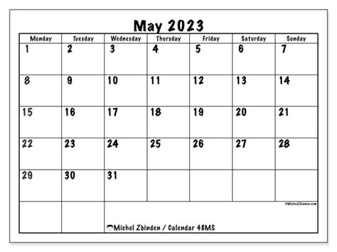 May 2023 Printable Calendar “48ms” Michel Zbinden Uk