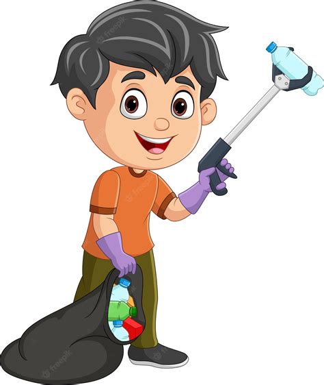 Premium Vector Cartoon Boy Collecting Plastic Garbage With Litter Stick