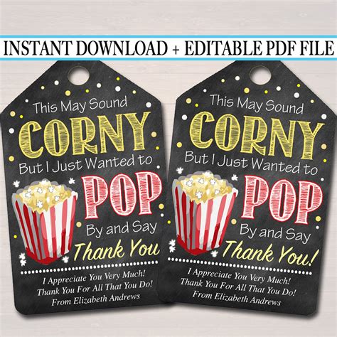 Editable Popcorn Thank You Tags Teacher Appreciation Treat Etsy