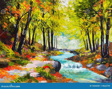 Landscape Oil Painting River In Autumn Forest Stock Illustration